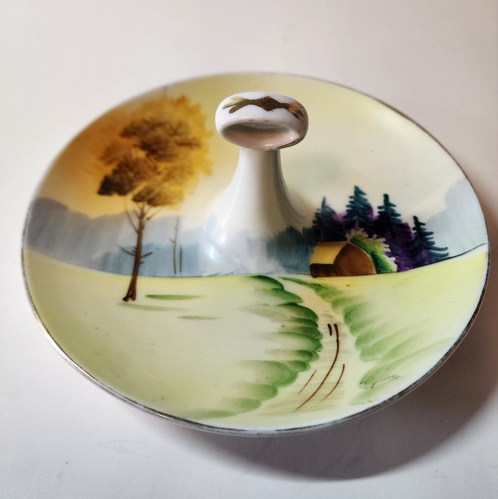 Vintage MEITO China Tree House scene bon bon or lemon dish
